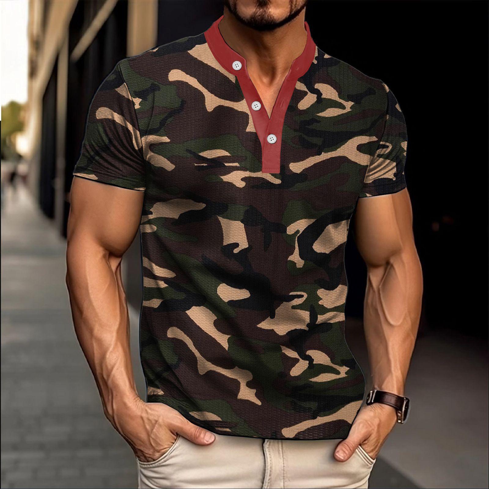 New Fashion Button Men s POLO Shirt Casual Sports Breathable Men s Camouflage Short Sleeve T-Shirt S темно-зеленого