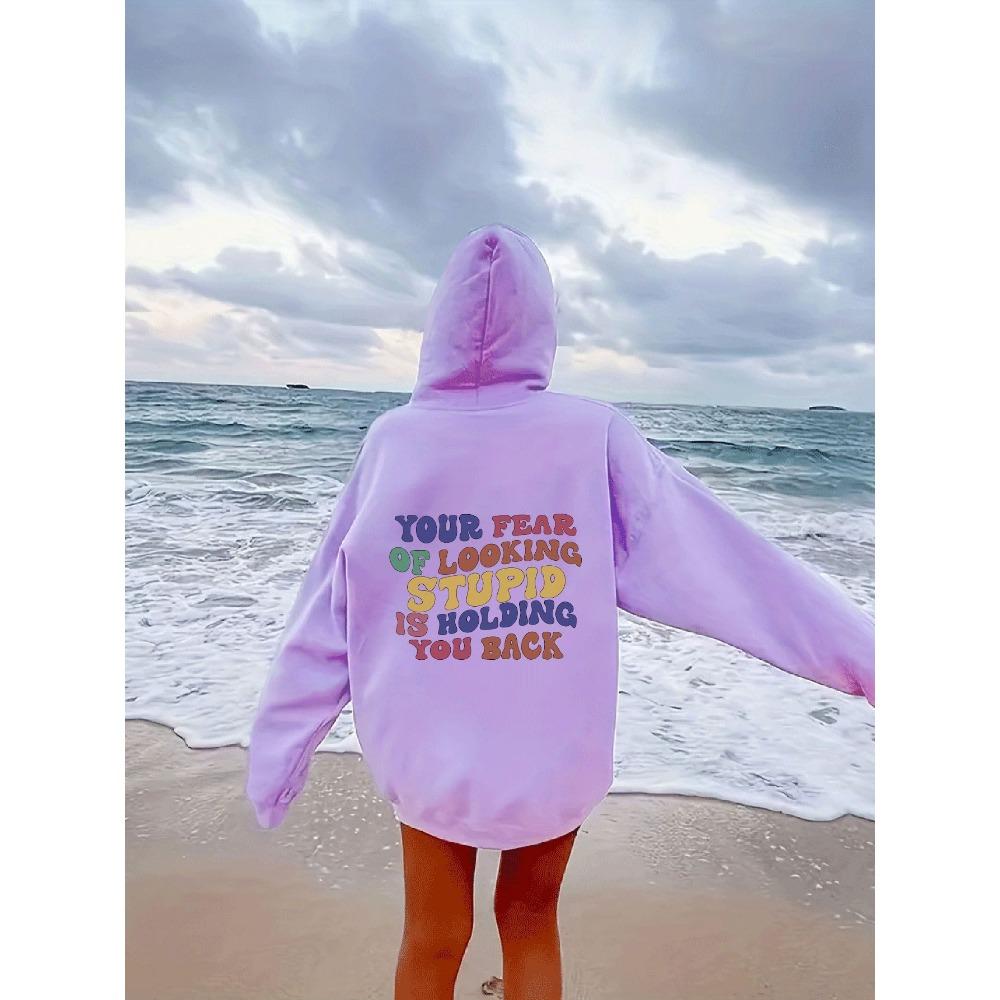 Women'S Shoulder Sleeve Fleece Sweater Plain Letter Print Kangaroo Pocket Drawstring Print Hoodie Clothing