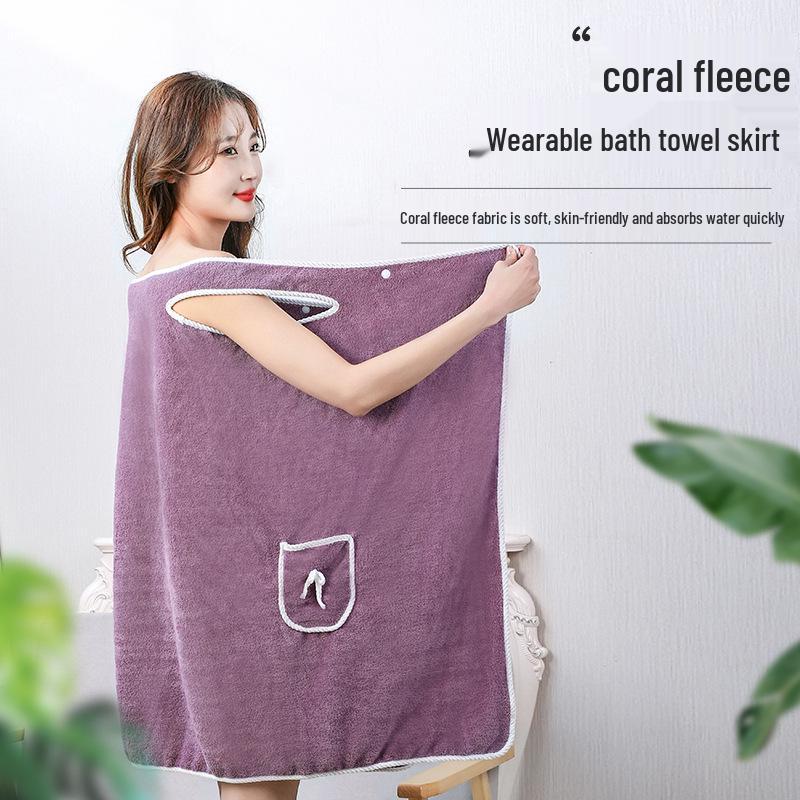 Women's Thickened Coral Fleece Bath Skirt - Soft, Absorbent, No Shedding, Wearable Towel Bathrobe for Adults