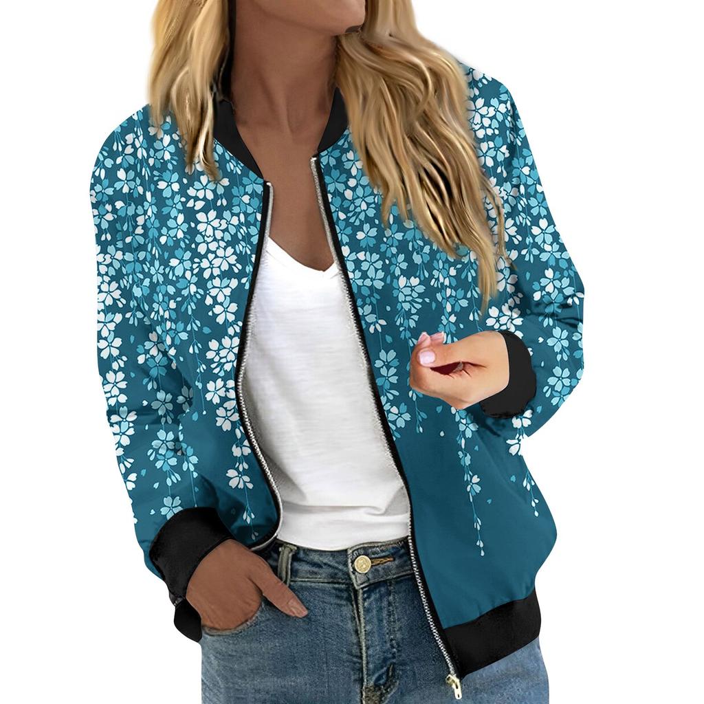 Jackets For Women Long Sleeve Lightweight Zip Up Cropped Print Outerwear Casual Quilted Jackets with Pockets
