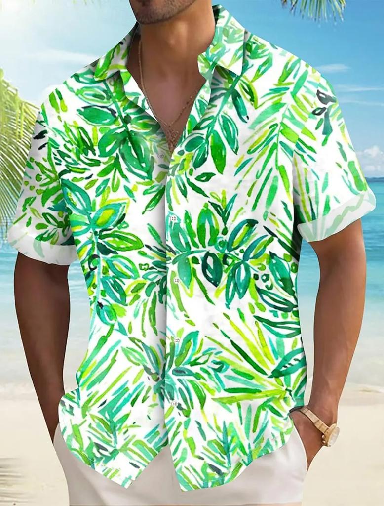 Hawaiian Tropical Leaf Print Short-sleeve Shirt, Perfect for Summer Beach Wear.
