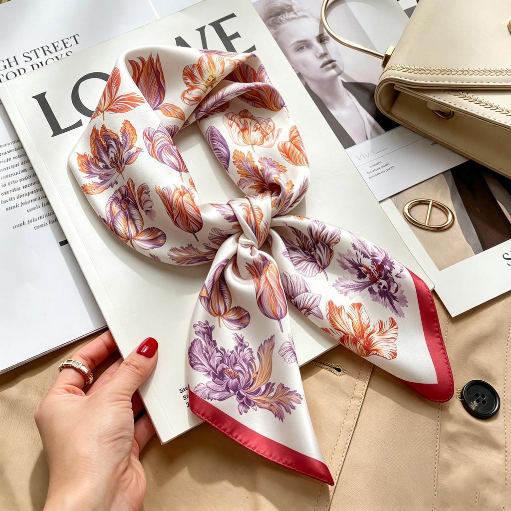 Commuter elegant flower silk scarf women's contrasting color retro printing satin scarf shirt with multi-purpose decorative small scarf