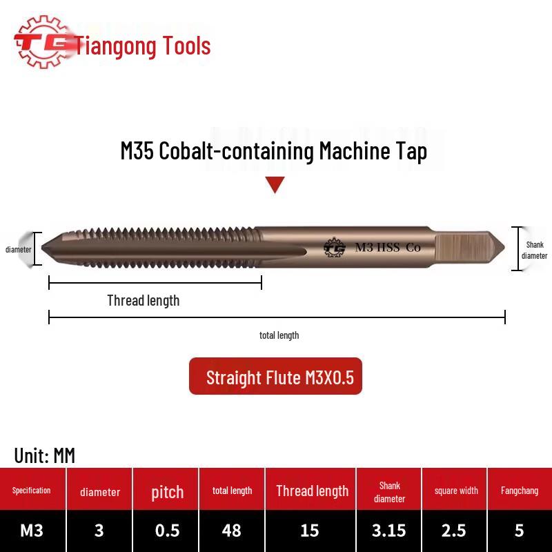 TIANGONG M35 Cobalt Straight Flute Machine Taps Straight Flute M3x0.5 (10-pack)
