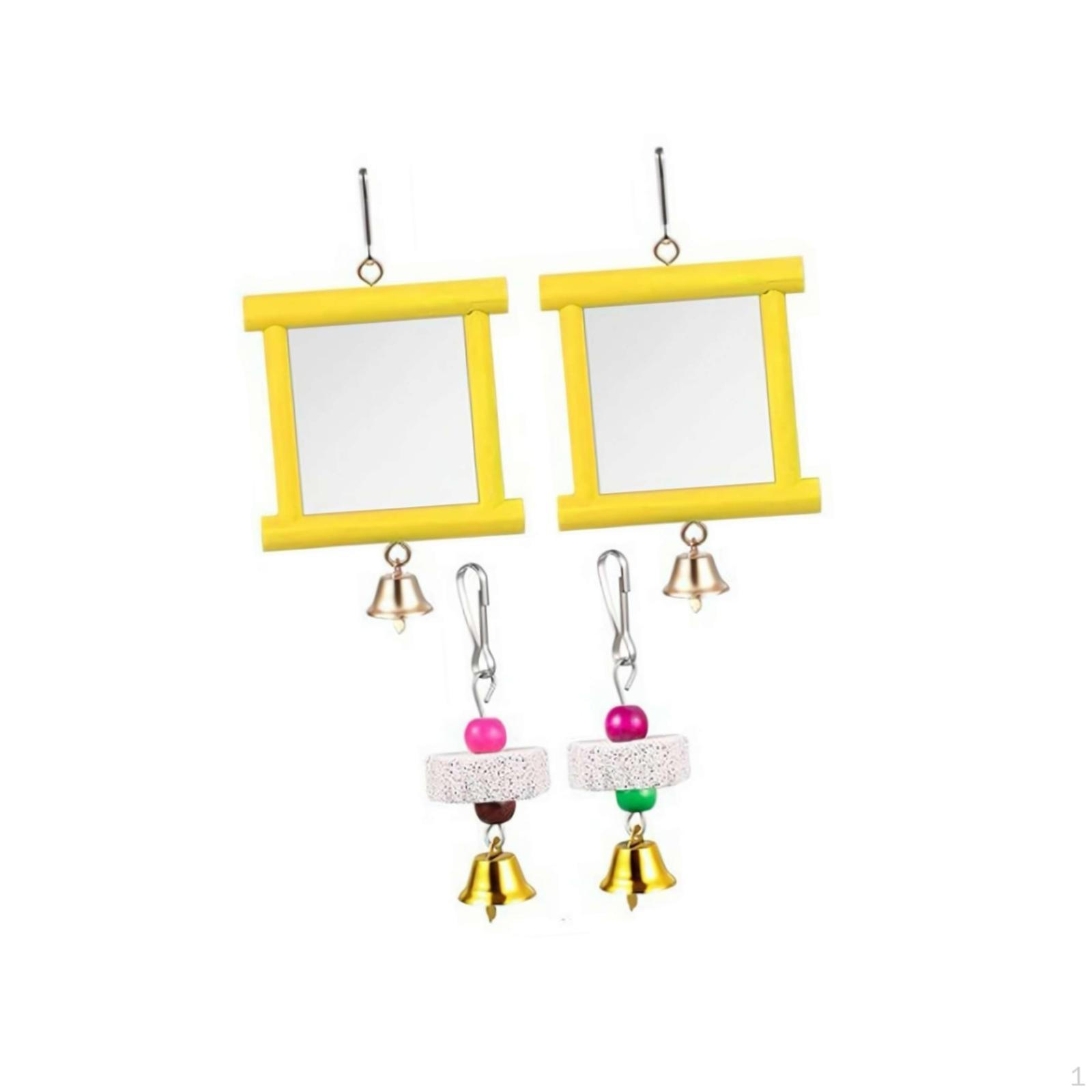 

2 Игрушки-зеркала для кур, Деревянные аксессуары для клетки для клевания, Точильные камни с колокольчиком для волнистых попугайчиков, Yellow