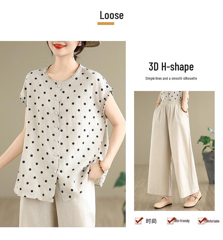 2025 Plus Size Cotton Linen Retro Slimming Pants Summer Set for Women