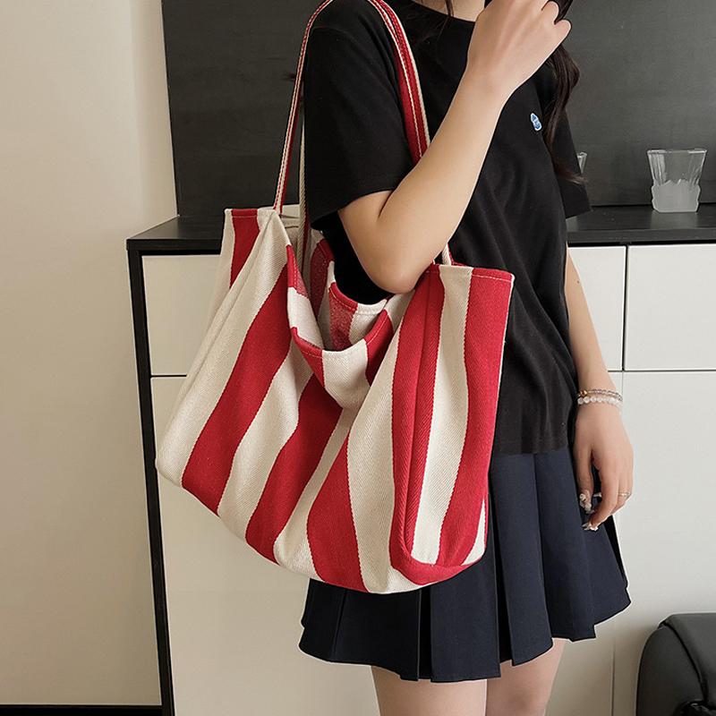 Yogodlns Women Striped Shoulder Bag Simple Carrying Bag Large Capacity Stylish Shoulder Purse Casual Shopping Bag Canvas Commuting Bag
