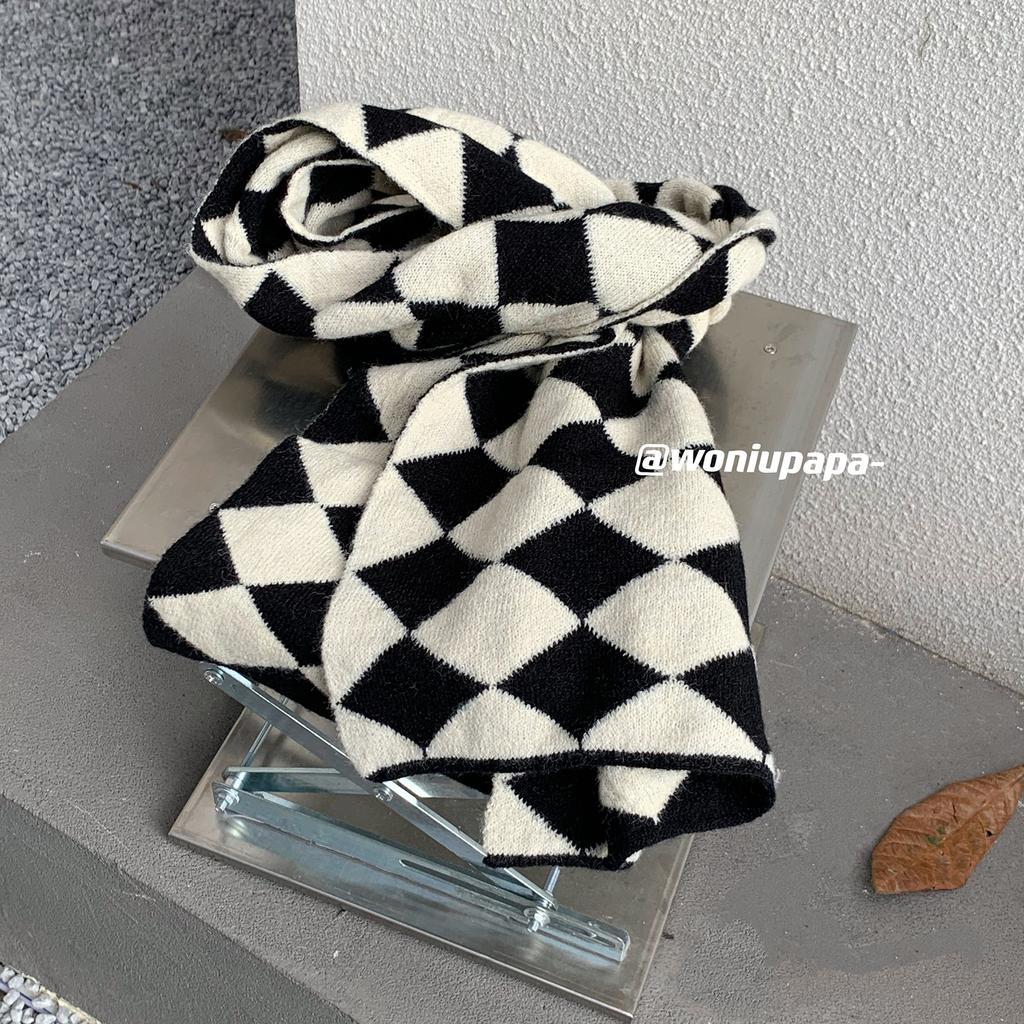 Green Rhombus Plaid Scarf for Women In Winter Japanese Style Versatile Student Thickened Warm Plaid Knitted Short Scarf Trendy