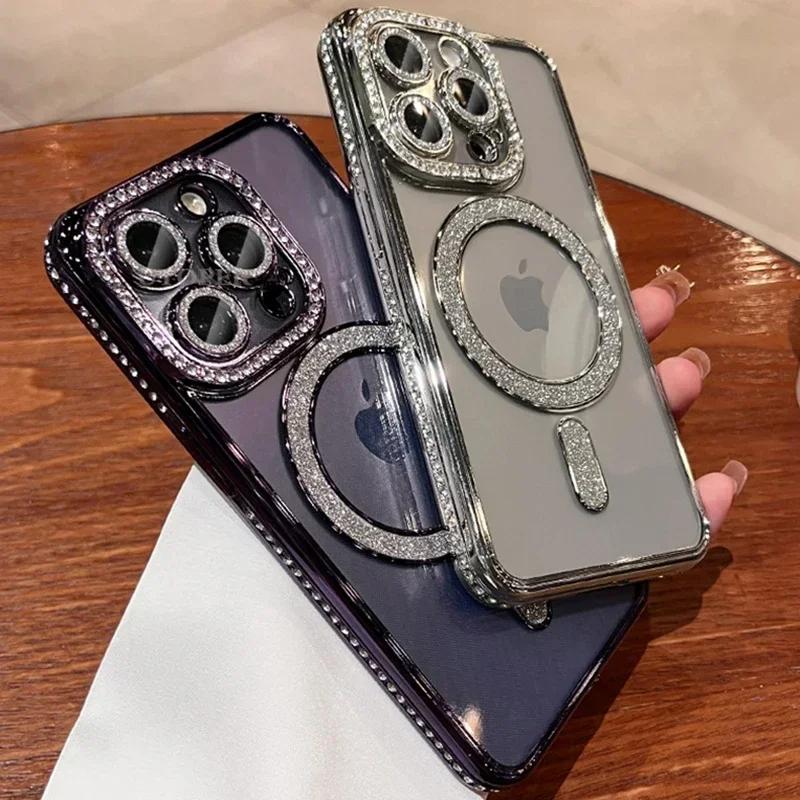 Luxury Diamond Glitter Magnetic Case For Magsafe For iPhone 16 15 13 14 12 11 Pro Max 16 Plus Wireless Charge Cover Accessories
