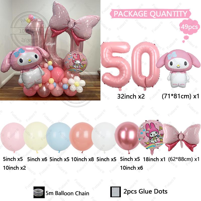 48pcs Cartoon Cute My Melody Bow Theme Foil Balloon 32 Inch Pink Number Set Children's 1-9th Birthday Party Decorative Toys