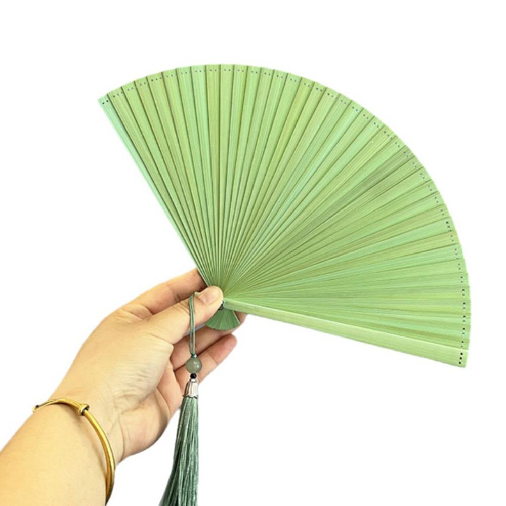Solid Color Folding Bamboo Fan Portable Kimono Fan Fashion Tassel Folding Fan Home Decoration Green