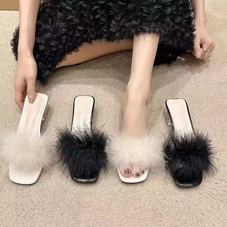 Temperament Thin Thick Heel Crystal One-word Drag with Fluffy Cool Slippers Women's 2025 Korean Version Fashion Outer Wear New Middle Heel