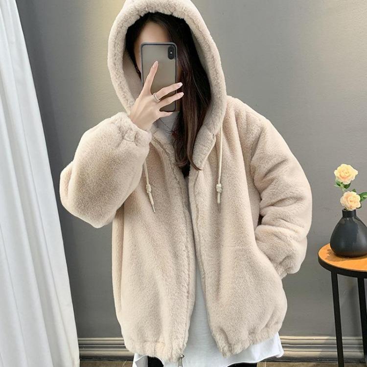 Women Loose Plush Hooded Coat Lamb Wool Thickened Medium Long Autumn Winter New Clothing Imitation Rabbit Fur Coat