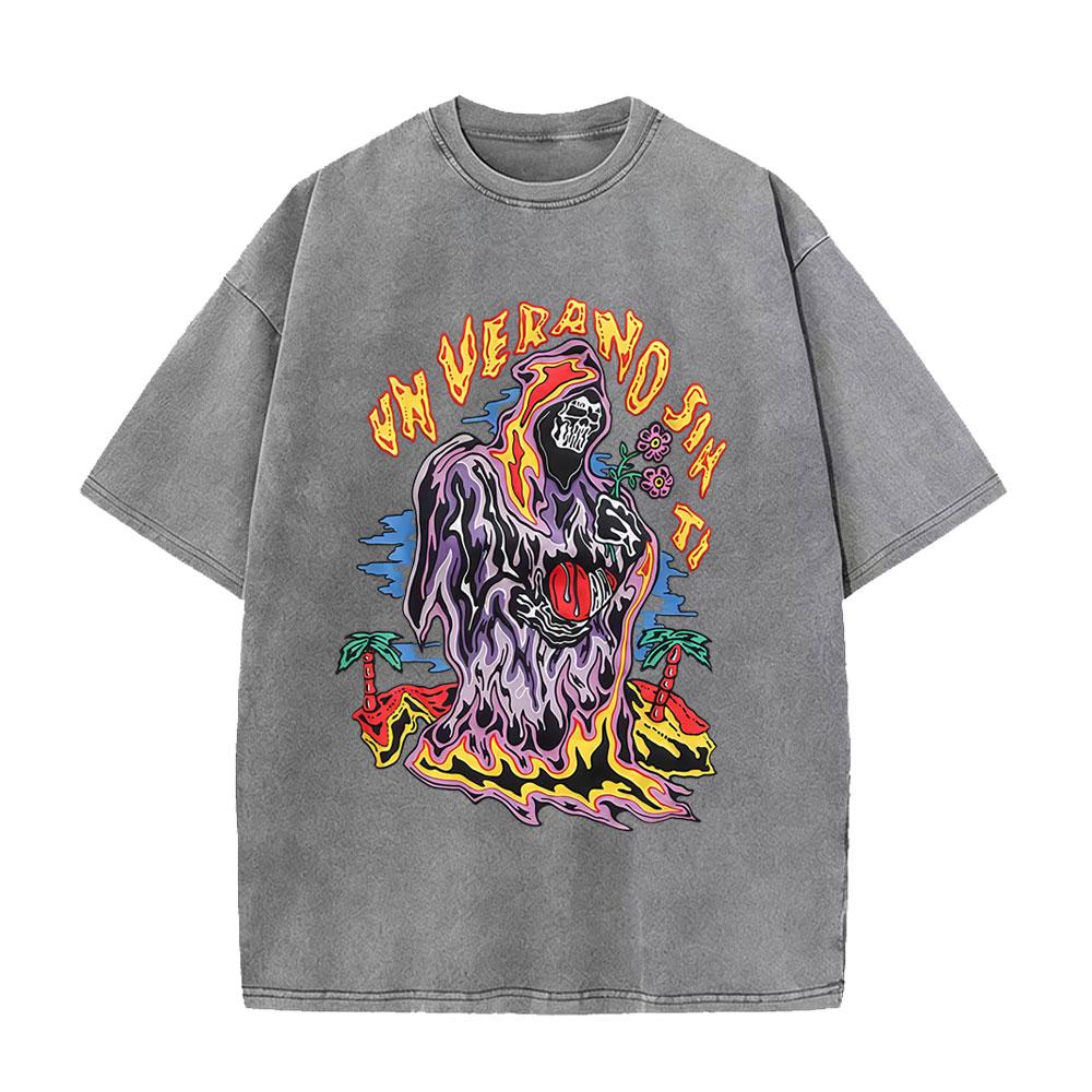 Washed Vintage Rapper Bad Bunny Tshirt Nadie Sabe Lo Que Va A Pasar Manana Skeleton Graphic T Shirts Men Fashion Hip Hop Tshirt