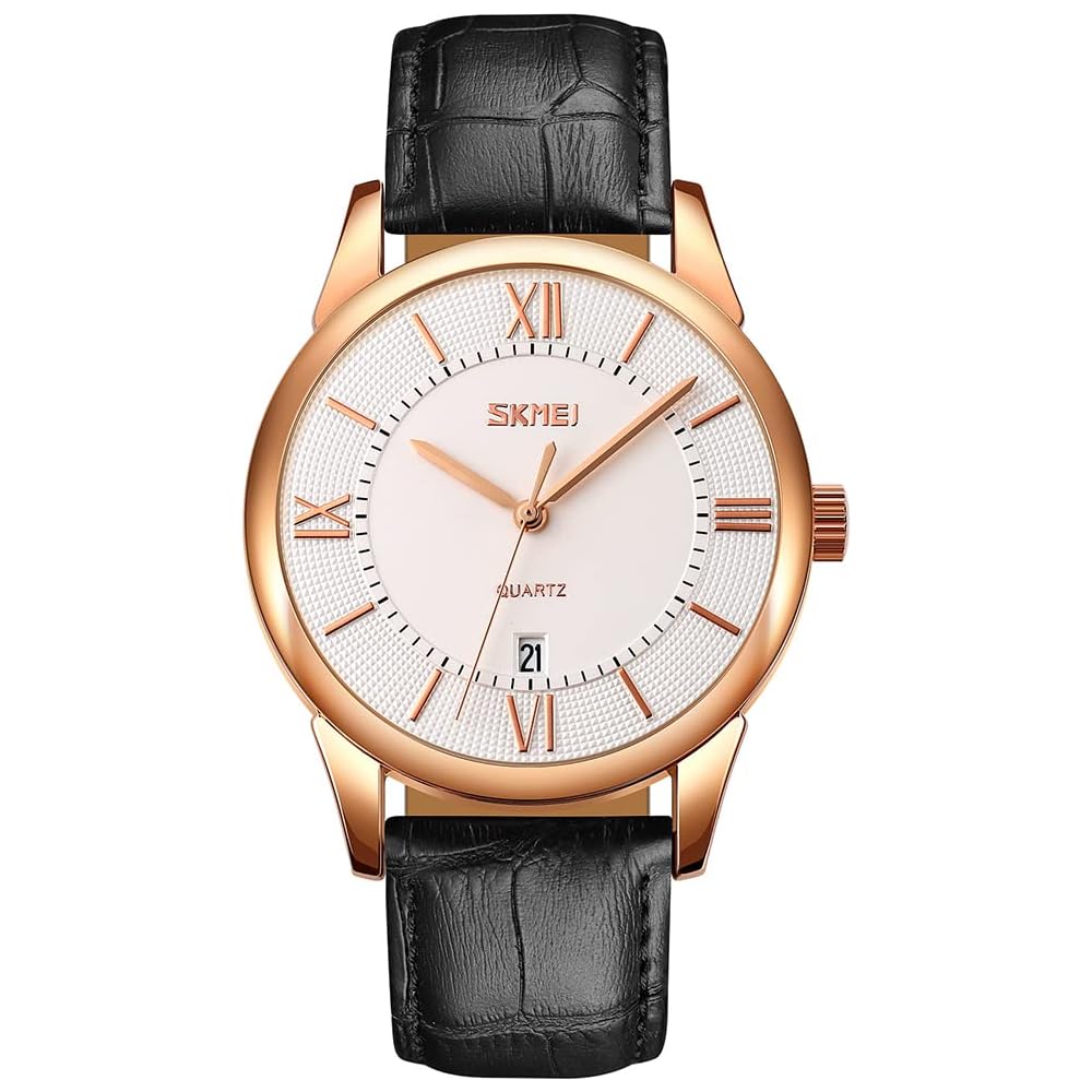Men s Classic Black Analog Watch with Leather Strap, Waterproof, Stylish Design