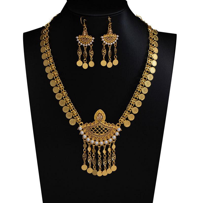 Middle East Dubai Gold Jewelry Set Alloy Hollow Pearl Coin Tassel Necklace Earrings Exaggerated Jewelry