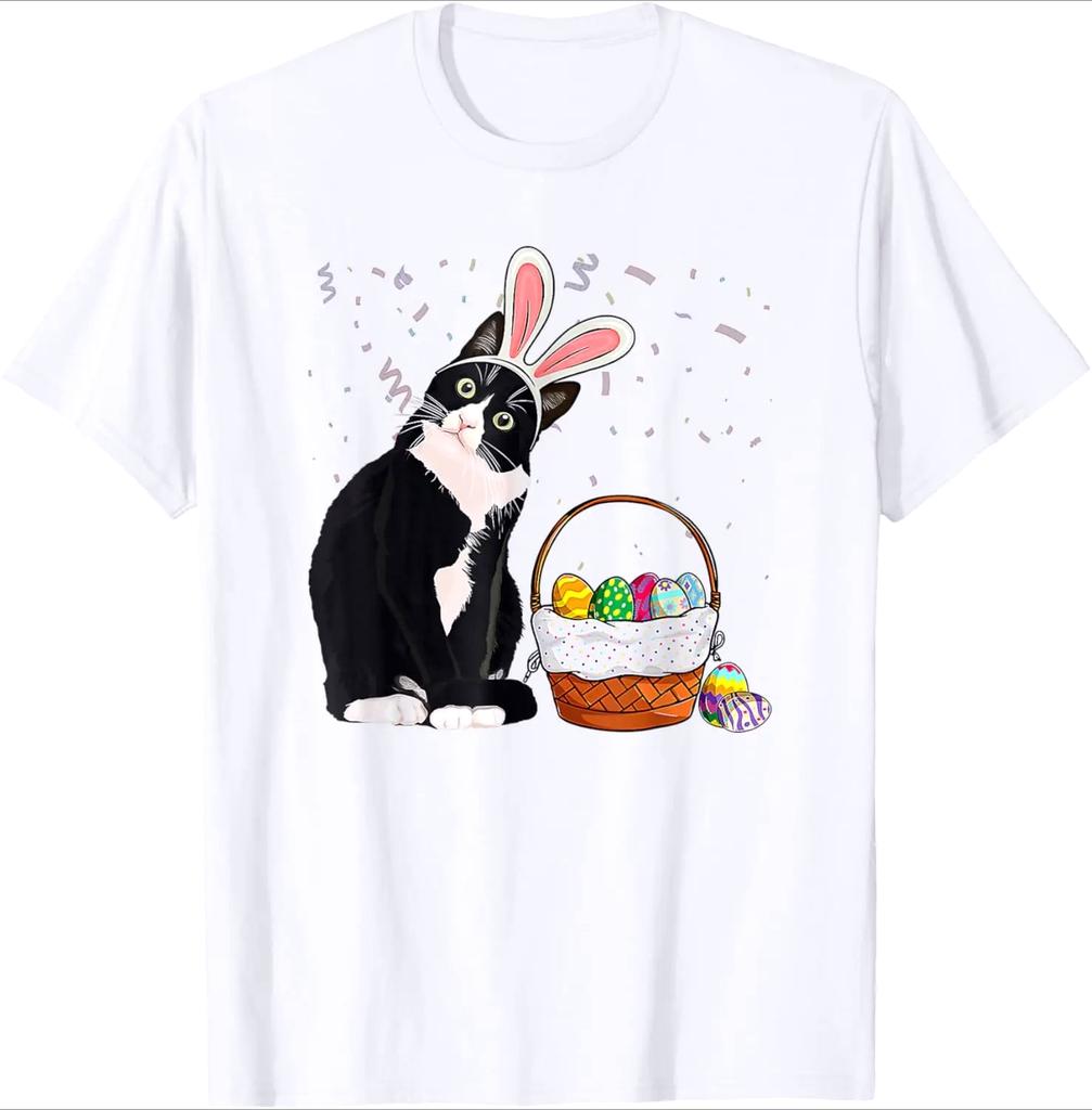 Cat Bunny Ears Easter Basket Graphic Shirts Casual Women Crewneck TShirt for Unisex Women Cute Cat Printed Tops Vintage Y2k Tee