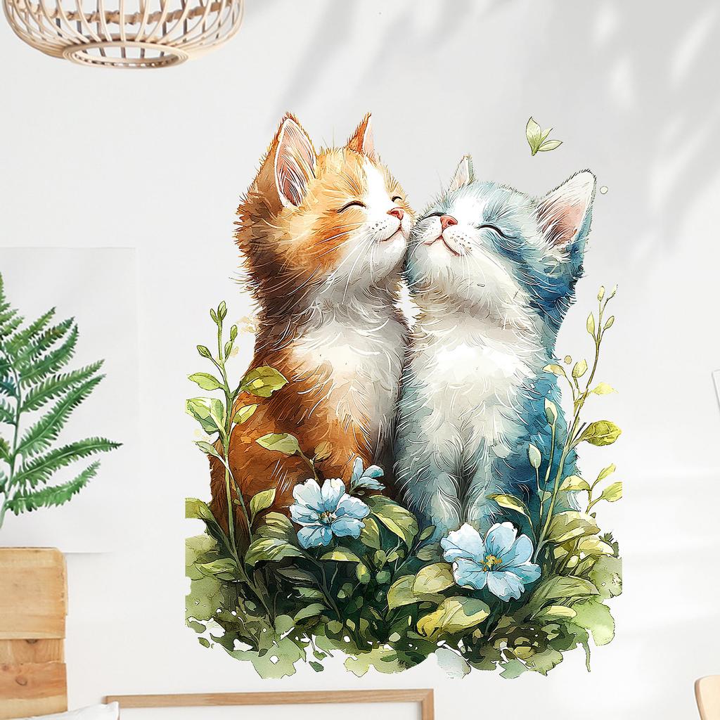 Sleeping Cute Cat in Grass Wall Stickers, Self-Adhesive Decor for Bedroom Living Room Study Room Decoration