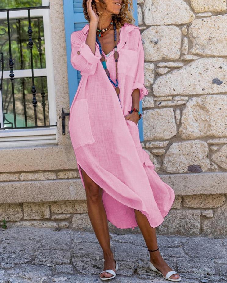 2026 Women's Button-Up Cotton & Linen Long Shirt Dress - Solid Color, Split, Loose, Breathable, Casual Style