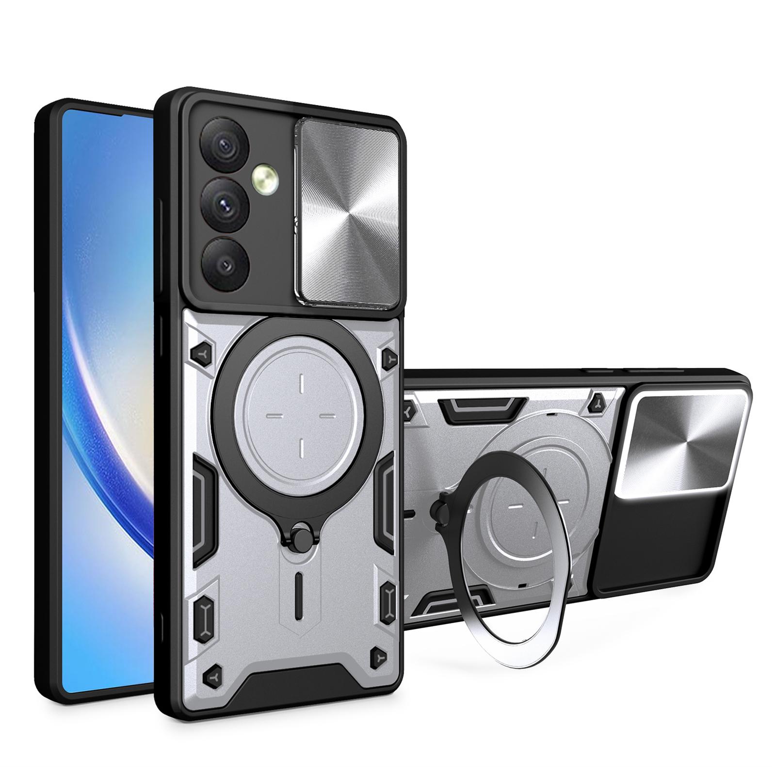 

TPU PC Phone Case for Samsung Galaxy A34 5G Kickstand Shockproof Phone Shell with Slide Lens Cover Silver