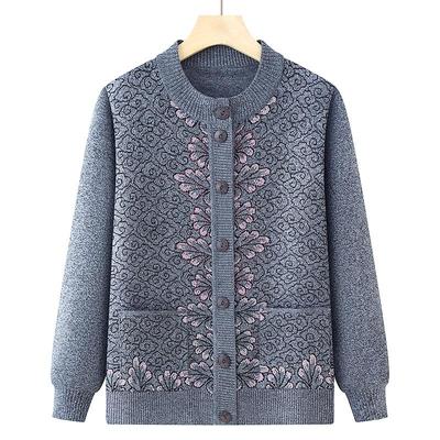 Dzianinowy sweter rozpinany z okrągłym dekoltem dla kobiet w średnim wieku i starszych - Sweter w stylu babci na wiosnę i jesień