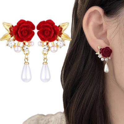 1Pairs Red Velvet Retro Bridal Earrings for Women Rose Flower Rose Pearl Stud Earrings  For Party