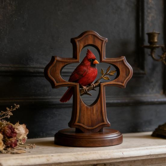 Red Bird Crucifix Figurine Handcrafted Resin Tabletop Ornament with Crimson Color And Olive Branch Design Religious Christian Gifts for Women Men