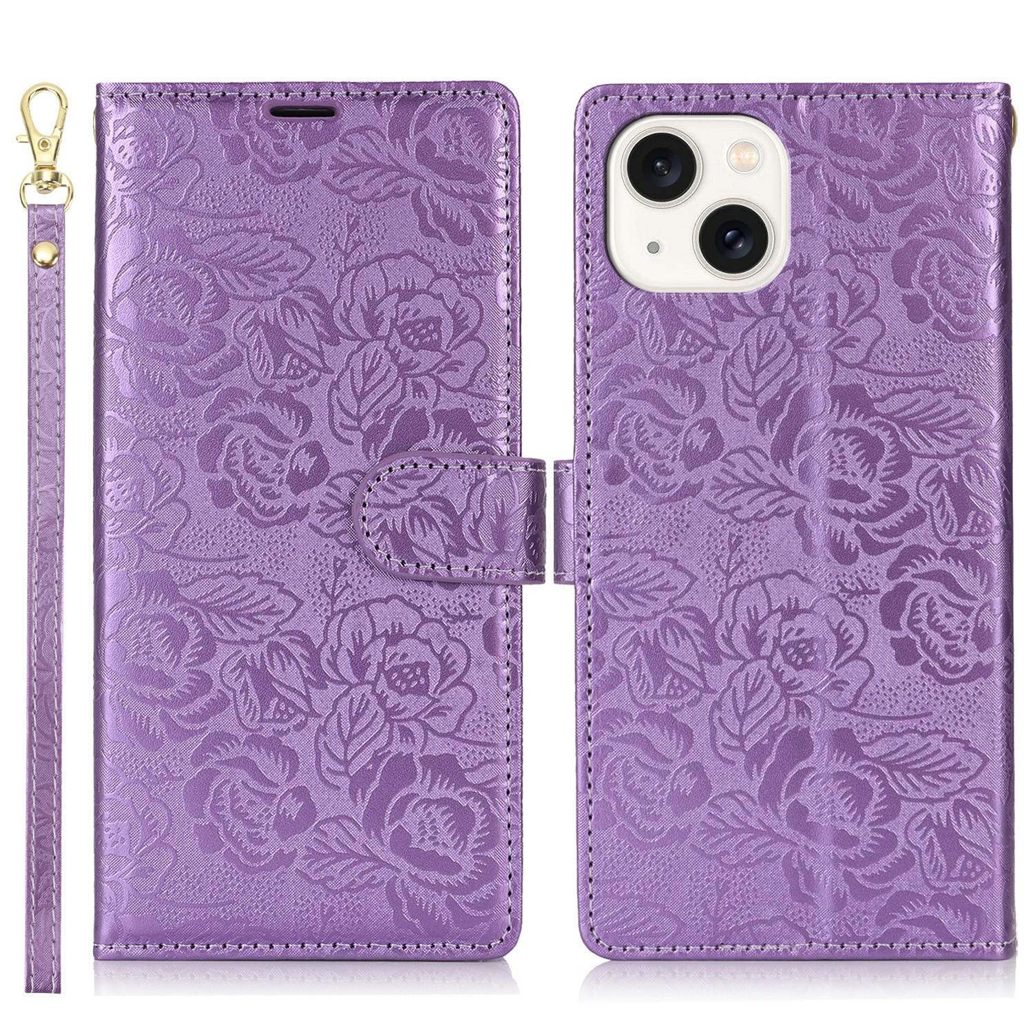 

For iPhone 15 Plus/14 Plus Case with Hand Strap Flower Imprint Leather Wallet Phone Cover C