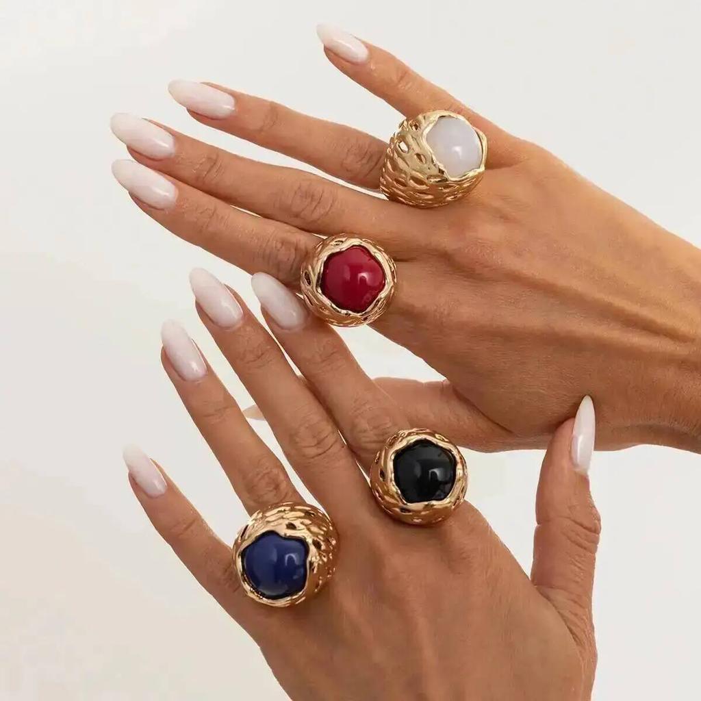 SHIXIN Vintage Hyperbole Irregular Metal  Inlaid Resin Thick Textured Round Rings Women Trendy Finger Aesthetics Jewelry Gifts