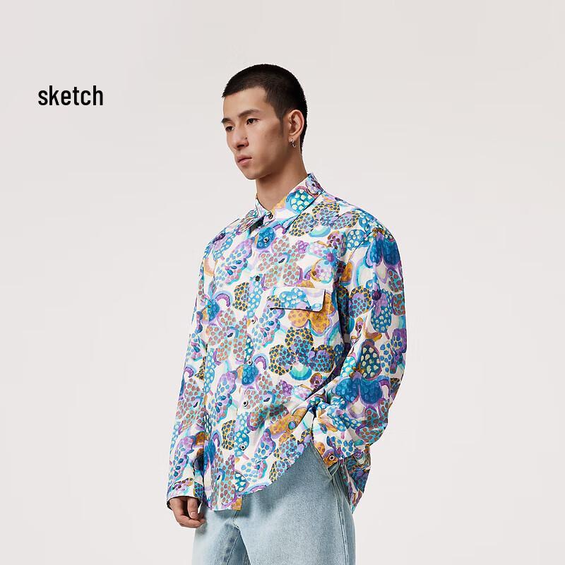 CROQUIS Men s Spring Blue Floral Linen Blend Long-Sleeve Shirt S