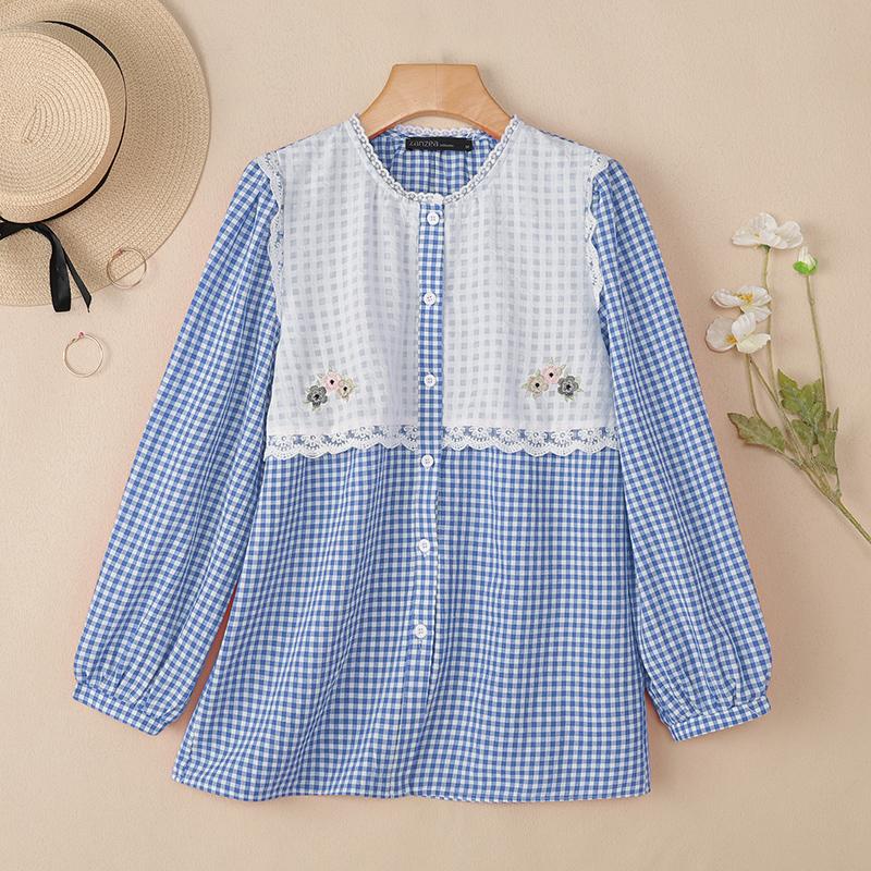 

ZANZEA Women Casual Patchwork Round Neck Loose Long Sleeve Plaid Blouse 5XL синий