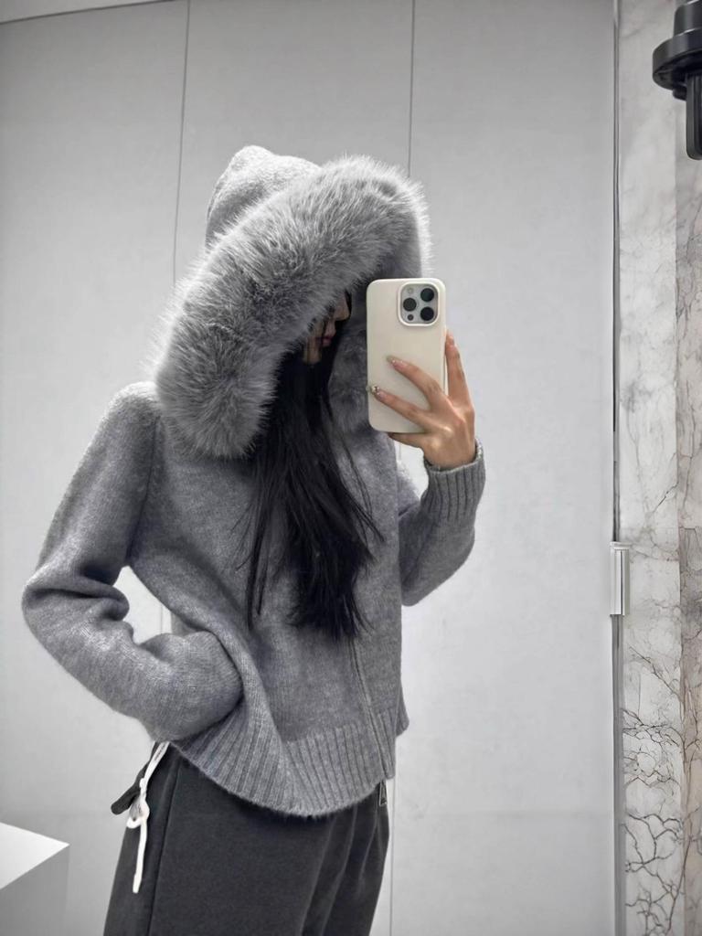 Cárdigan Corto de Punto con Capucha para Mujer con Cuello de Piel Sintética de Zorro - Nuevo Estilo de Moda Otoño/Invierno