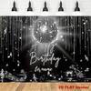 Custom Happy Birthday Disco Party Background, Black Silver Glitter Disco Ball Banner for Retro Birthday Nights