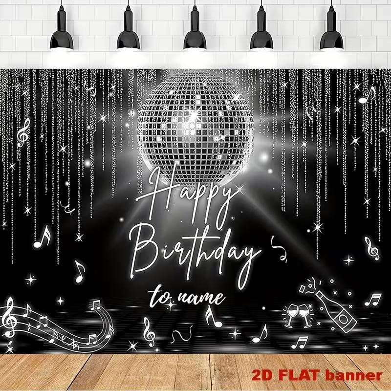 Custom Happy Birthday Disco Party Background, Black Silver Glitter Disco Ball Banner for Retro Birthday Nights