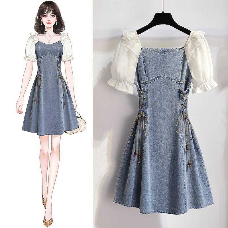Damen One-Shoulder Puffärmel Denim Patchwork A-Linien Kleid - Sommer 2026 Taillenbetonend Schlanker Stil