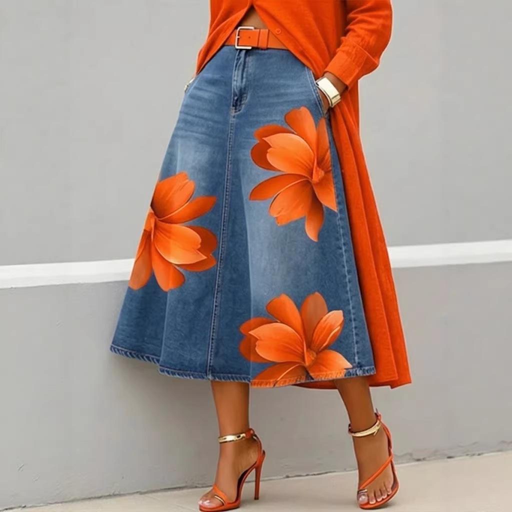2026 European & American Fashion Faux Denim Floral Women's Half Skirt