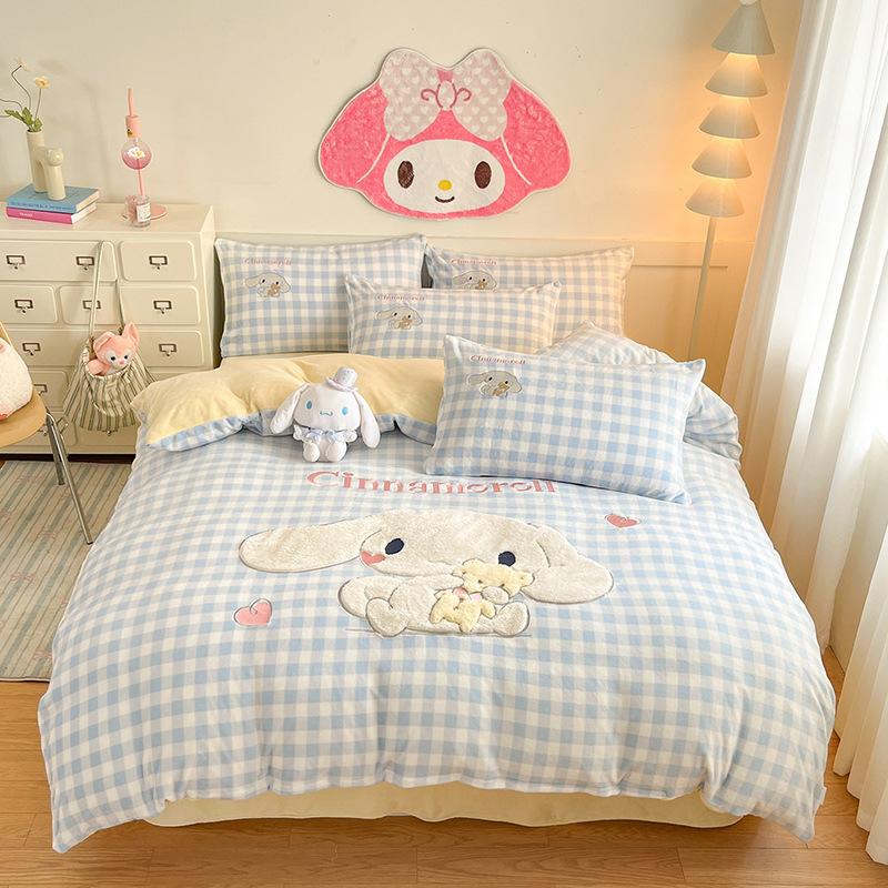 Cat Thickened Milk Fleece Four-Piece Set Cartoon Sticker Embroidered Fleece Quilt Cover Student Three-Piece Set