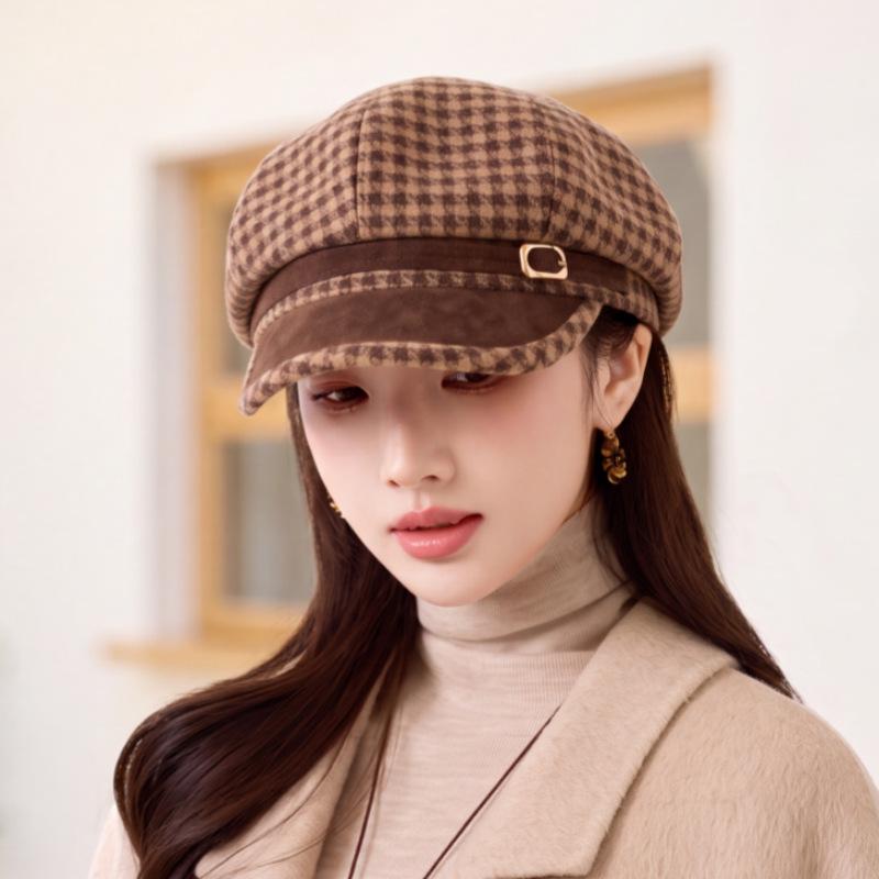 New British style retro plaid octagonal hat female small fragrant style show face small newsboy hat autumn and winter fashion hat