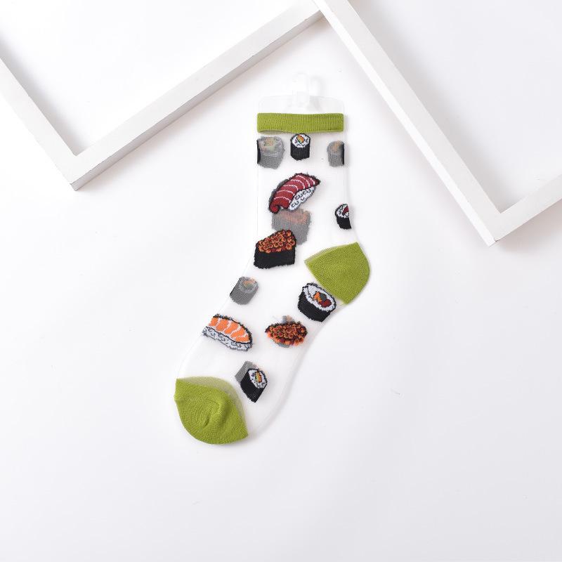 Ultra-thin Transparent Crystal Silk Socks Women Fashion Summer Harajuku Crew Socks Retro Flower Streetwear Elastic Long Socks