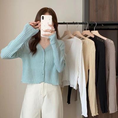 سترة محبوكة بياقة على شكل V للنساء خريف شتاء قصيرة بأكمام طويلة سترة سادة ضيقة مناسبة قميص طويل