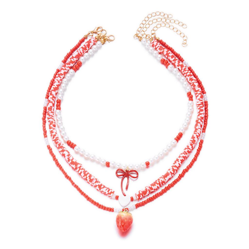 Romantic Heart Pearl Choker Necklace With Cherry And Strawberry Charms For Girls