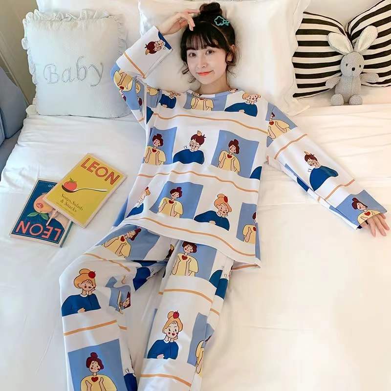 Damen Cartoon Bär Pyjama Frühling und Sommer Langärmelig Lässig Bequem Homewear Draußen Frauen Niedlich Floral Loungewear