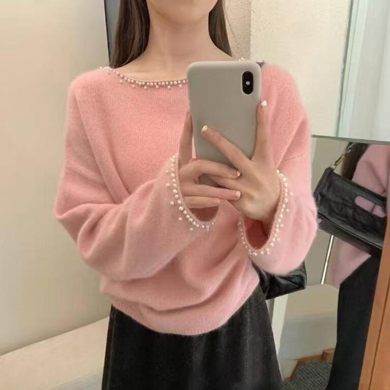 

Модный трикотажный свитер с бисером в стиле «нежный ветер», женский осенне-зимний, новый, свободный и тонкий пуловер, однотонный свитер для женщин One size розовый