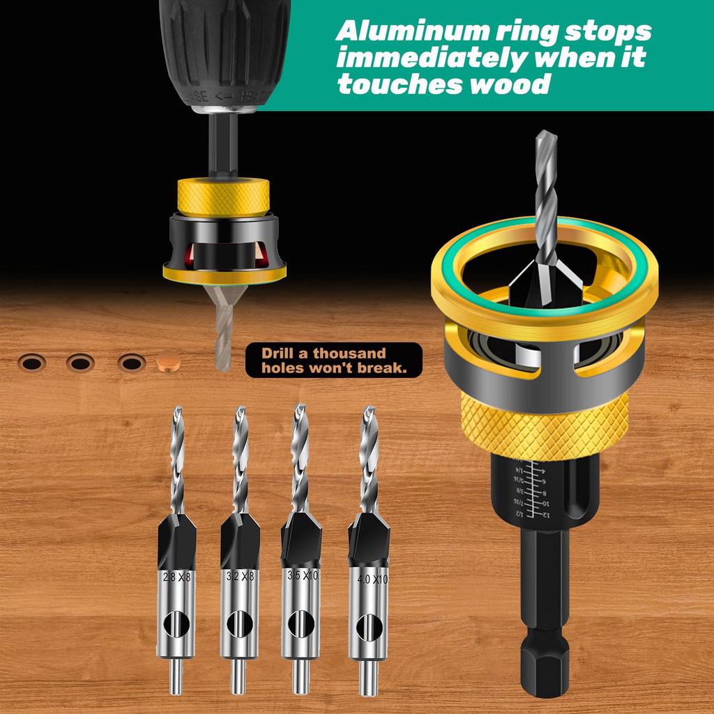 Adjustable Depth Countersink Drill Bit Set 4 Pieces M2 High Speed Steel for Wood Metal and Decorative Materials
