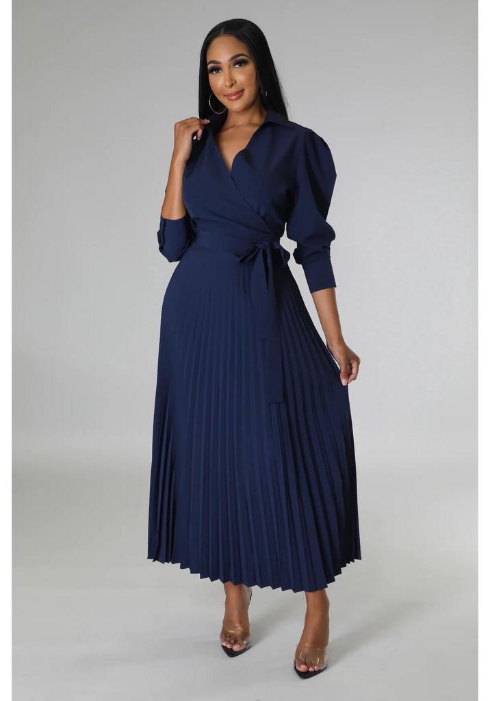 Cross-Border Europe Spring Long Sleeve Polo Collar High Waist Pleated Women's Casual Dress