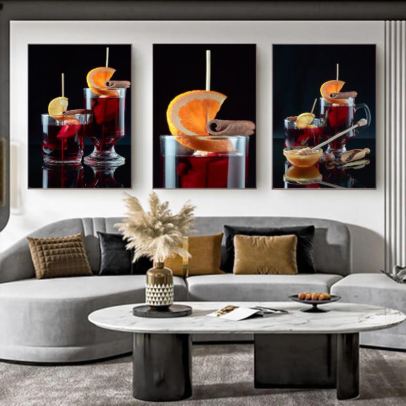Nordic Moderne Kunst Orange Früchte Rotwein Cocktail Poster Wand Bilder Auf Leinwand Malerei Für Küche Zimmer Hause Dekoration