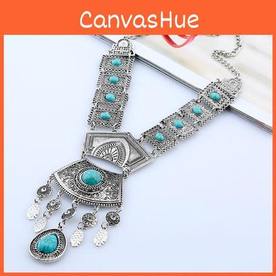 Ethnic Style Simulation Gemstone Decor Women Metal Necklace With Tassel For Womens Jewelry