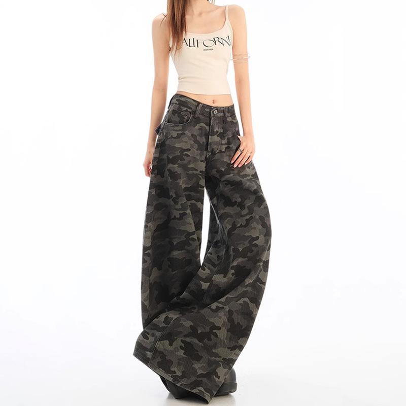 Q2523 Neutral Camo Wide-Leg Women's Jeans - Spring/Autumn New Arrival, Loose Fit, Floor-Length.