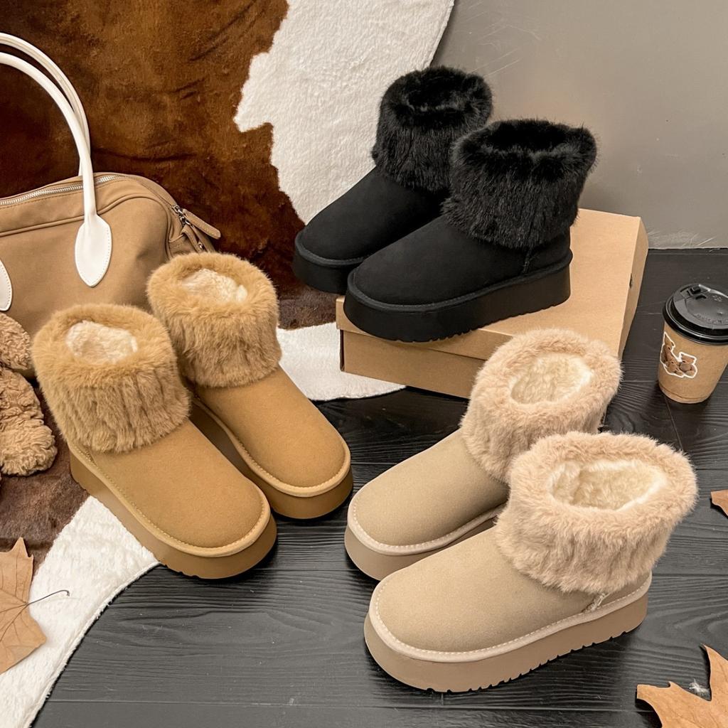 Women's Fur Mouth Thick Sole Large Size Thickened Winter Warm Fur One Snow Boots Padded Lining Ankle Boots Non-slip Hiking Sports Cotton Boots