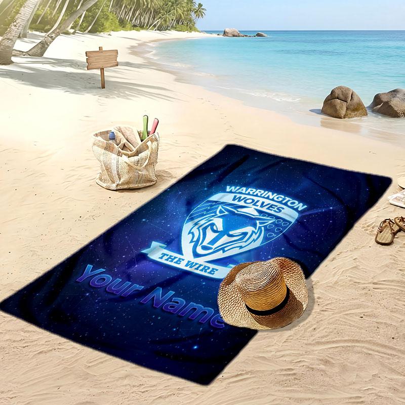 Warrington Wolves FC Personalized Printed Beach Towel Soccer Logo Support Custom Name Text Absorbent Towel For Sport Travel Special Gift