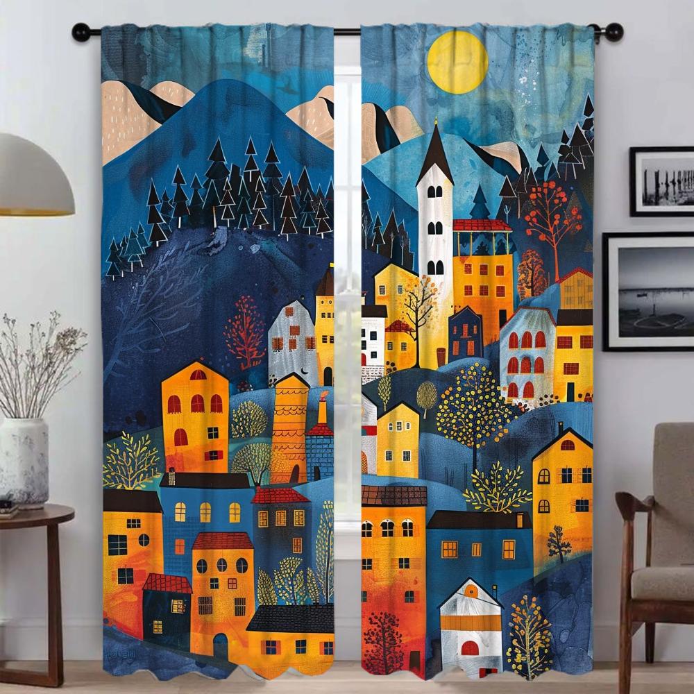 

Mountain City Kitchen Curtains for Camera Modern Living Room Curtains 2 Pieces Blackout Curtain Halloween Decoration Shades Home W50xH70cmx2pcs-CL